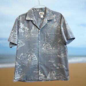 Vintage 90s Mens Hawaiian Shirt XL, Island Map Print, by Helena's Made in Hawaii